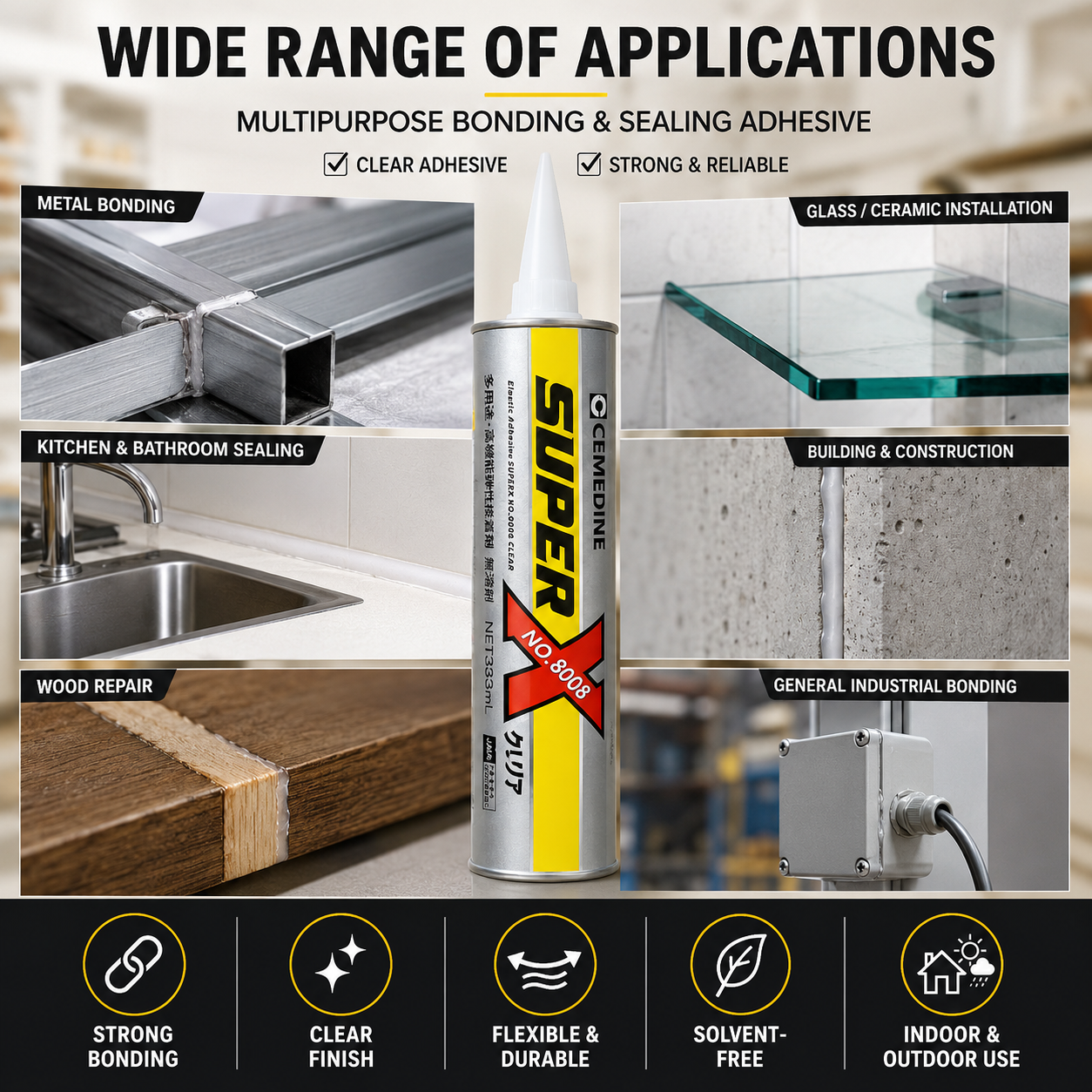 CEMEDINE SUPER X No.8008+ Clear AX-251 Elastic Adhesive & Sealant for Industrial Bonding