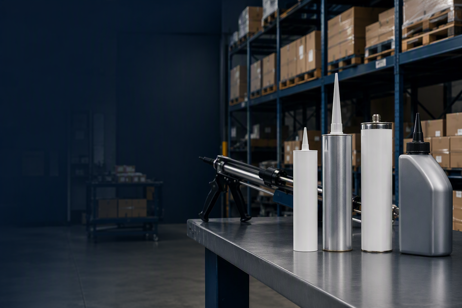 Industrial adhesives, sealants and dispensing tools on a workbench