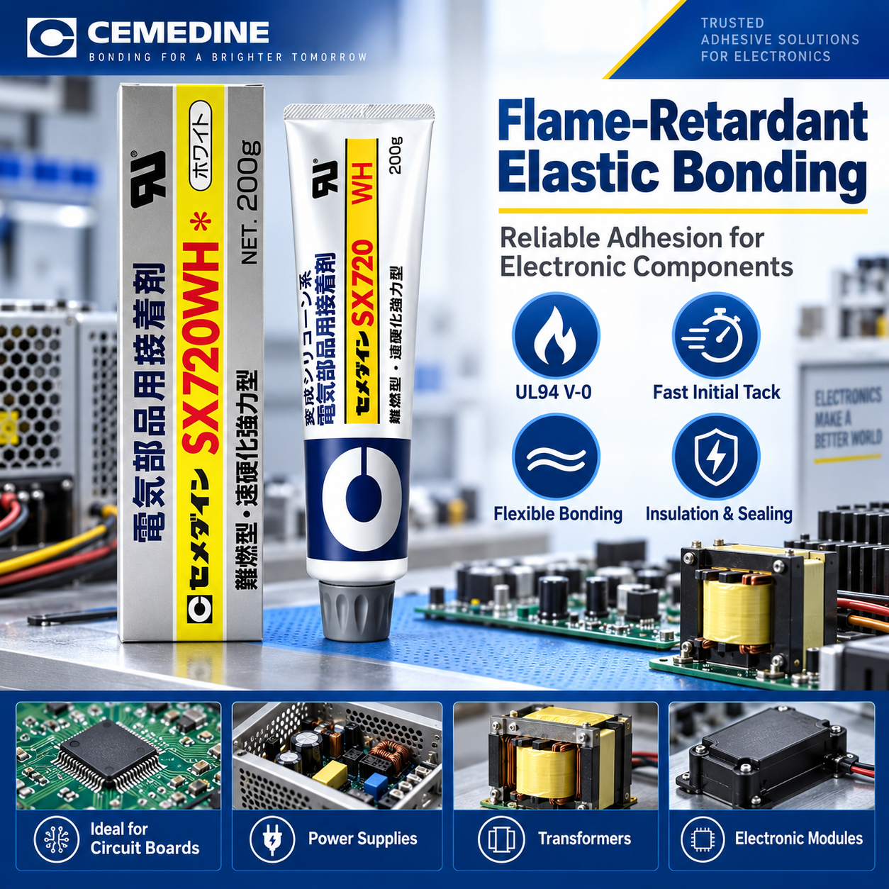 CEMEDINE SX720WH Flame-Retardant Elastic Adhesive 200g CEMEDINE SX720WH Elastic Adhesive 200g