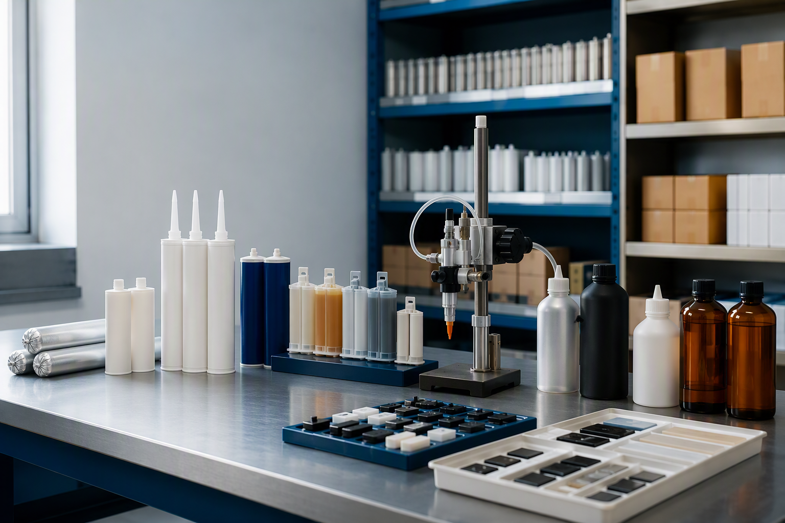 Adhesive and sealant containers prepared on a supply workbench